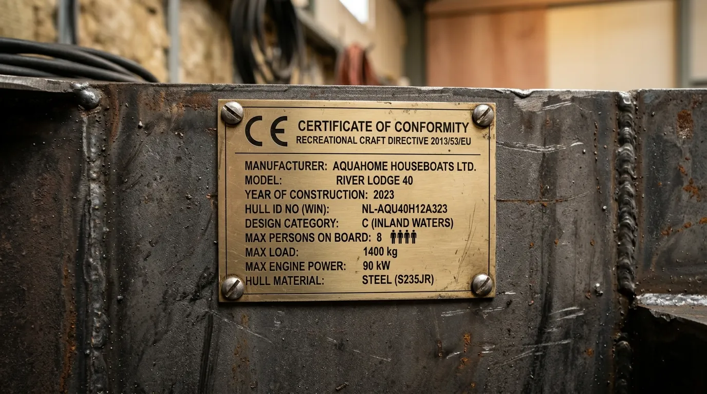 CE-Typenschild mit Kategorie C und Konformitätserklärung eines Hausboots